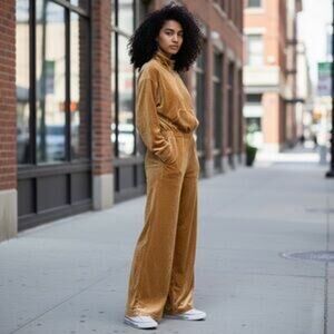 Fabletics Velour Jumpsuit Tracksuit Medium Gold Wide Leg Athleisure Loungewear